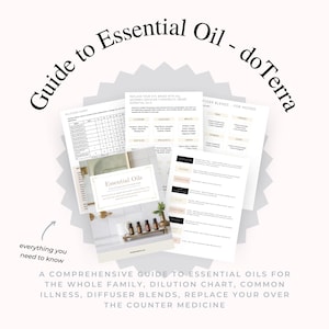 Può includere: Una guida completa agli oli essenziali, con il testo "Guide to Essential Oil - doTerra". L'immagine include diverse pagine con informazioni su tabelle di diluizione, miscele per diffusori e malattie comuni. La guida è progettata per tutta la famiglia.