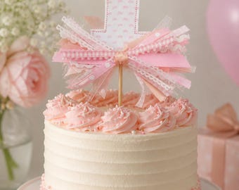 "1" Cake Topper ""Rosa Stoff"" | Baby Mädchen 1. Geburtstag Smash Kuchen Dekor