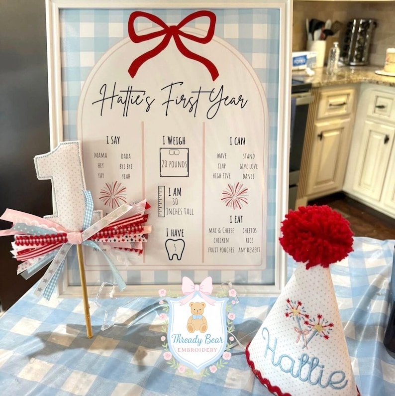 K&ouml;nnte beinhalten: Ein gerahmtes Meilenstein-Schild mit der Aufschrift Hattie's First Year, einer roten Schleife, einem Tortenstecker mit der Zahl Eins und B&auml;ndern sowie einem Partyhut mit rotem Bommel. Das Schild zeigt Meilensteine wie 20 pounds und 30 inches.
