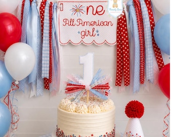 All American Girl First Birthday Bundle | Patriotic High Chair Banner, Cake Topper, Hat, Bib