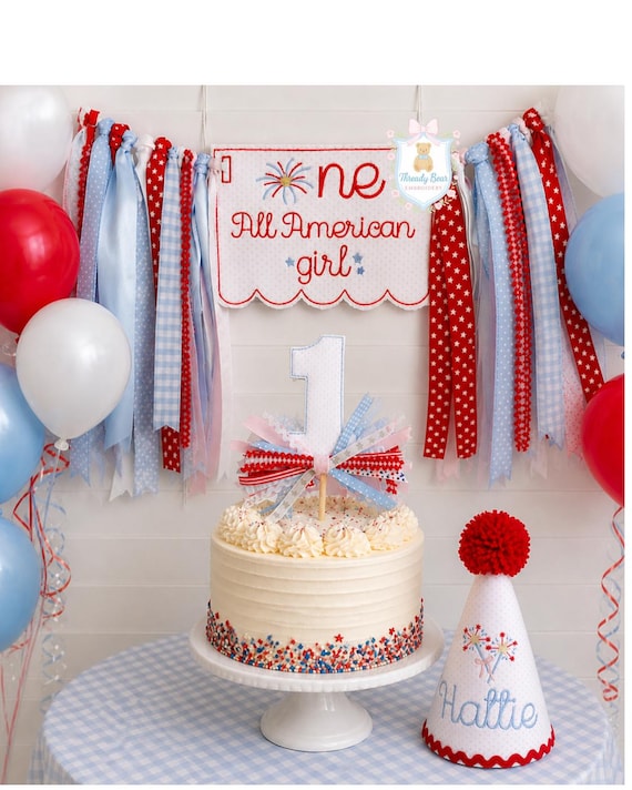 All American Girl First Birthday Bundle | Patriotic High Chair Banner, Cake Topper, Hat, Bib