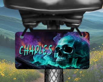 Creepy skull, horror theme design aluminum bicycle tag, bike license plate printed with name, great for kids