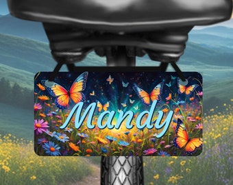 Butterflies background design bicycle tag, bike license plate printed with name, great for kids