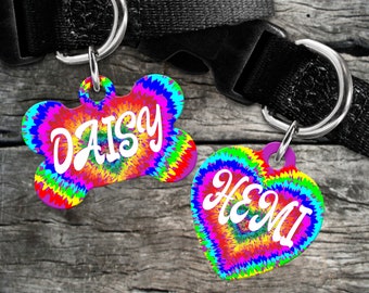 Dog, pet tags TIE DYE background - customize with name and owner contact information