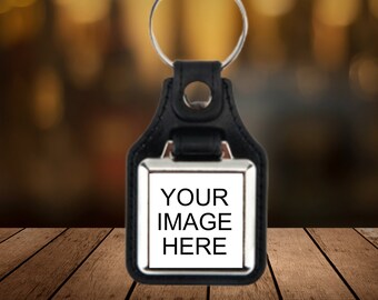 Photo key-chain - add a photo or design to square area on this leather backed keychain