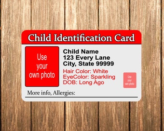 Custom Child Identification Card, Double sided add your info and kid's photo