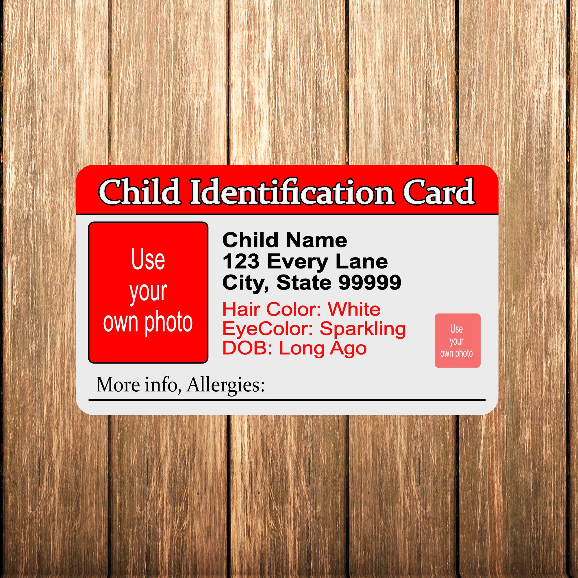 Custom Child Identification Card Double Sided Add Your Info Etsy