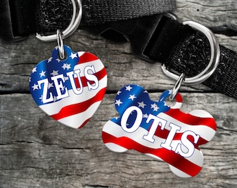 Dog, pet tags USA flag background - customize with name and owner contact information