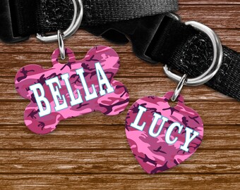 Pink camo, camouflage background pet tag, dog badge for collar- customize with name and owner contact information