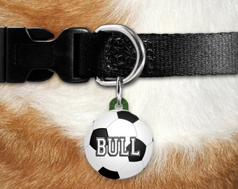 Dog, pet tags, soccer, football sports design on round shaped tag- customize with name and owner contact information