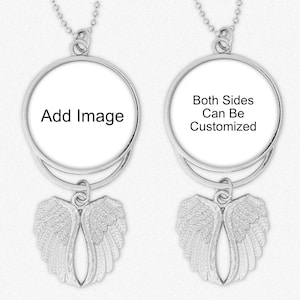 Car charm, remembrance photo on one or both sides of this great Rear View Mirror charm with angel wings in memory of a lost loved one