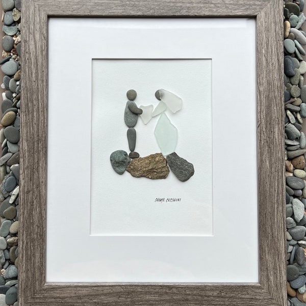 Handmade Unique Wedding Gift, Bride Groom, Signed Original Framed Pebble Art Under Glass, Engagement Gift, Bridal Shower Gift, Beach wedding