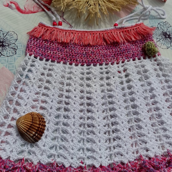 Top ou tunique au crochet boheme rose fushia ,chiné,blanc