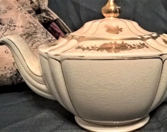 Gold Floral Sadler Teapot Model #1992 and Pink Floral Plush Case