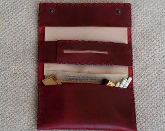 Handmade Leather Tobacco Pouch - Dark Red - Trifold