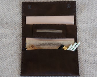 Handmade Leather Tobacco Pouch - Dark Brown - Trifold