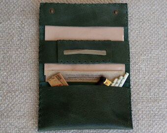 Handmade Leather Tobacco Pouch - Dark Green - Trifold