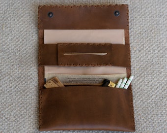 Handmade Leather Tobacco Pouch - Brown - Trifold