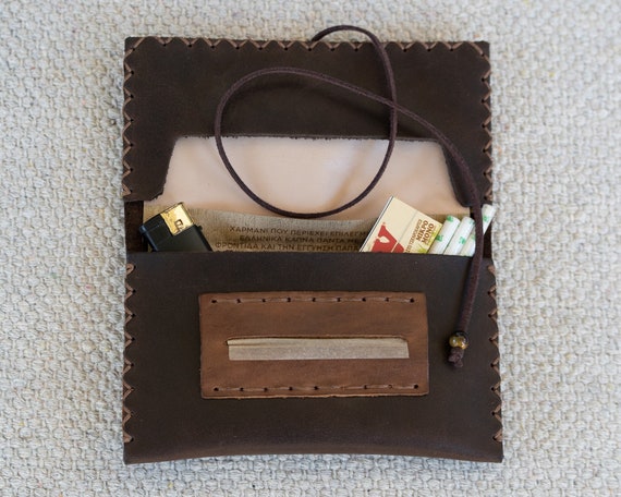 Handmade Leather Tobacco Pouch - Dark Brown/brown - Tigers Eye