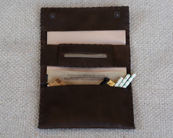 etsy tobacco pouch Handmade Leather Tobacco Pouch - Dark Brown - Trifold
