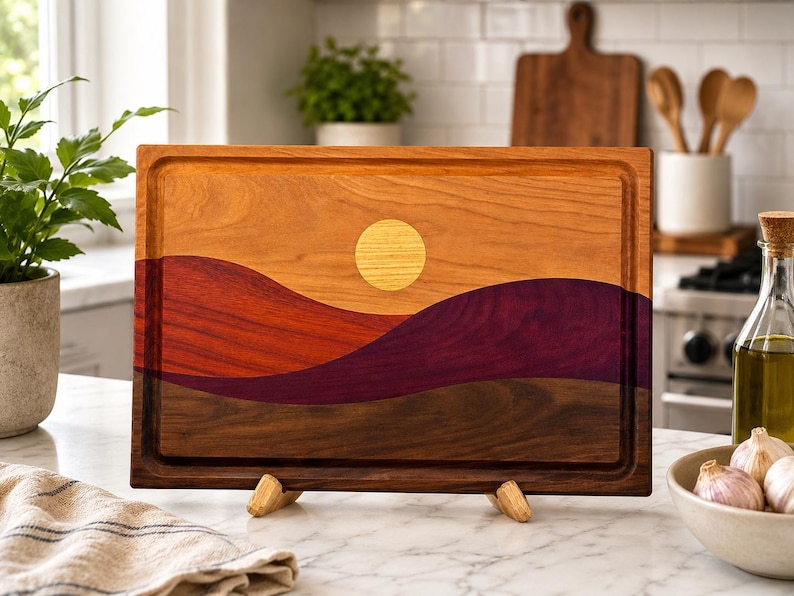 May include: A rectangular wooden cutting board featuring an inlaid landscape design. The board displays a yellow sun against a light wood sky, with rolling hills in shades of reddish-orange, deep purple, and dark brown wood grain.