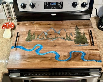 Cubierta de estufa de nogal de río de montaña epoxi: Tabla de fideos de cocina