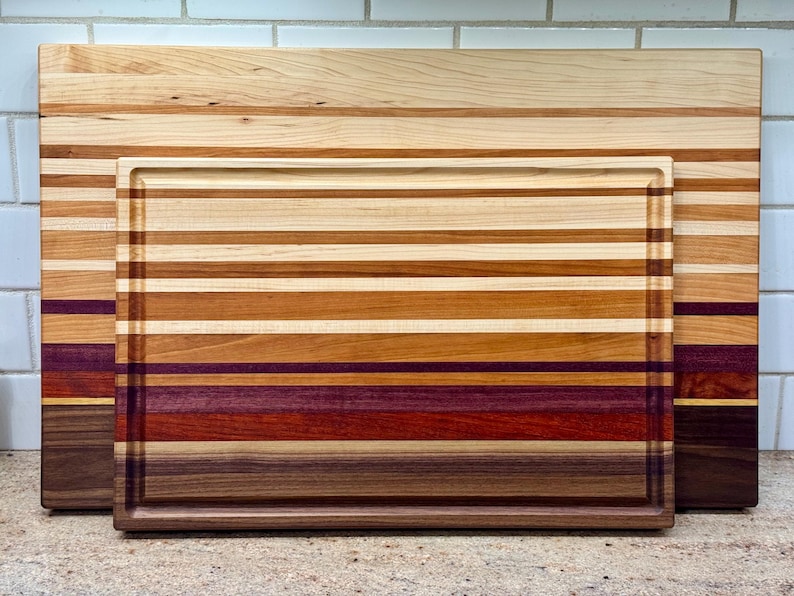 Tabla de cortar de madera exótica: nogal, cerezo, arce, padauk y corazón morado imagen 11