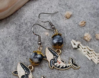 Whale Skeleton and Gemstone Earrings |  Agate Crystals Semi Precious Stones | Ocean Sea Creature Jewelry