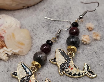 Whale Skeleton and Gemstone Earrings | Onyx Garnet Larkvite Crystals Semi Precious Stones | Ocean Sea Creature Jewelry