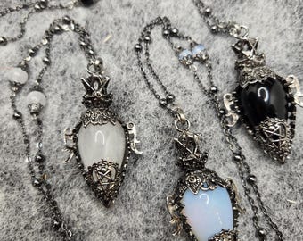Crystal Pendulum Necklace | Divination Tool | Green Aventurine Quartz Labradorite Opalite Obsidian Amethyst or Lapis Lazuli Stainless Steel