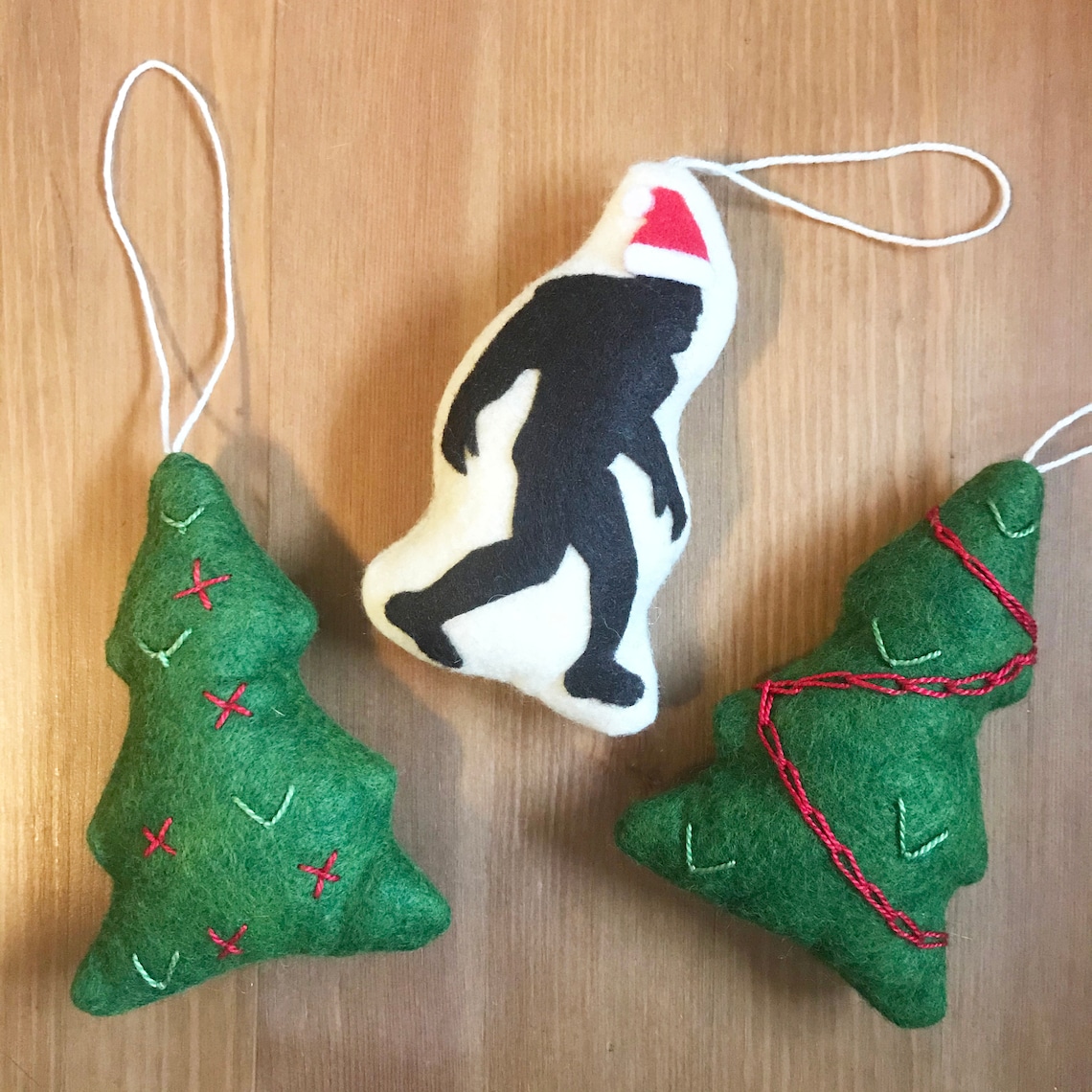 Yeti santa  holiday tree ornament set of 3 embroidery  etsy