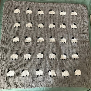 Può includere: Una copertina per neonati di colore grigio a maglia con un motivo di pecore bianche. La copertina è realizzata in filato morbido e ha una texture delicata.