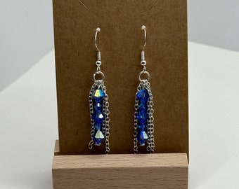 Blue Bicone Crystal Earrings with Silver-Colored Chains - Blue Earrings, Crystal Earrings, Chain Earrings