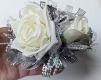 Gray, Silver, Ivory Silk Flower Wrist Corsage and Boutonniere set   #W048