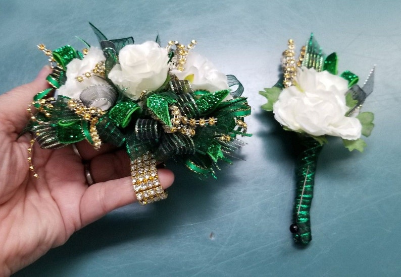 Green and Gold Silk Flower Wrist Corsage and Boutonniere
