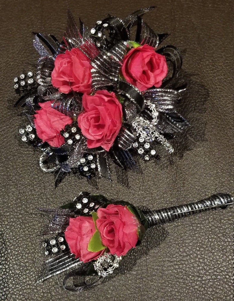 Hot Pink And Black Wrist Corsage - Corsage Prom