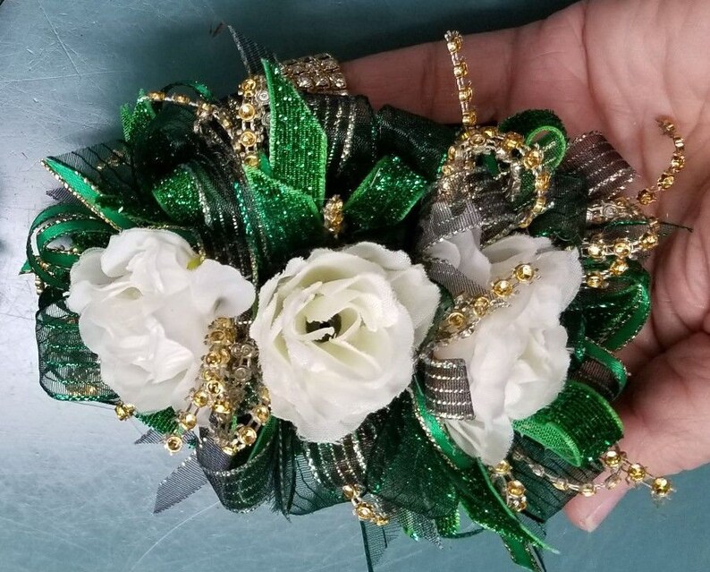 Green and Gold Silk Flower Wrist Corsage and Boutonniere Set. Etsy
