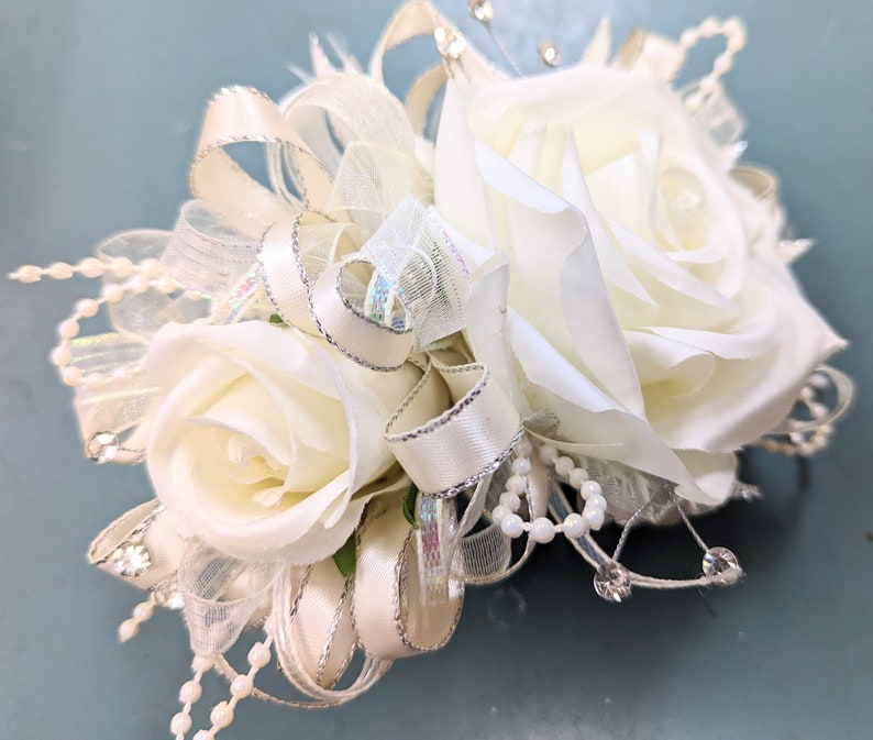 Creamy White Silk Wrist Corsage and Boutonniere set W084 image 2