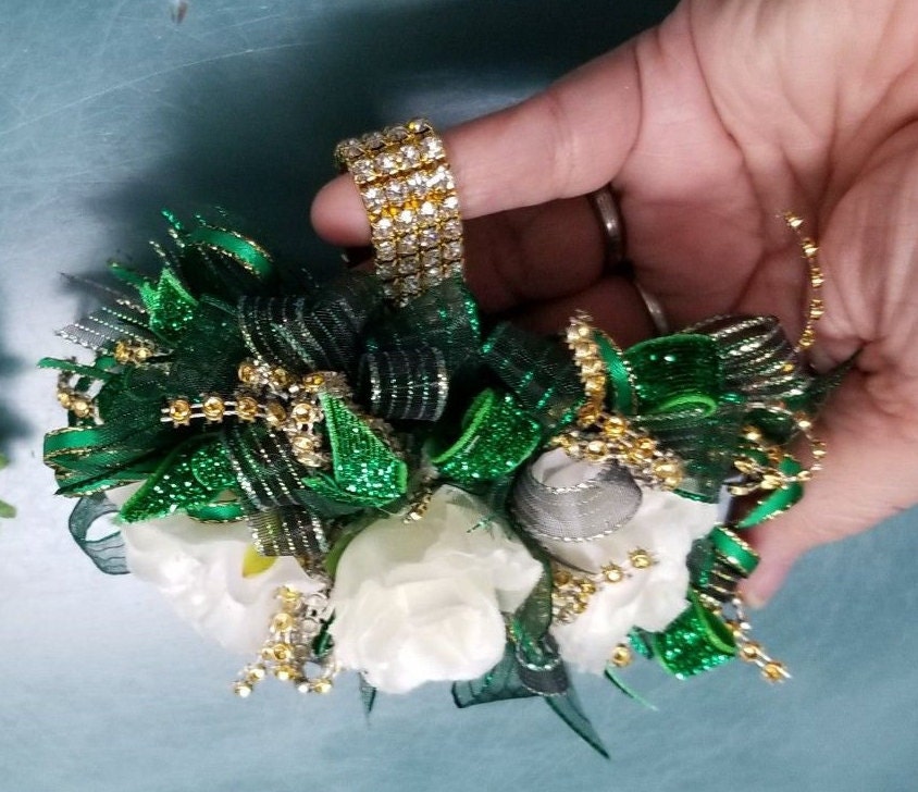 Green and Gold Silk Flower Wrist Corsage and Boutonniere Set. Etsy