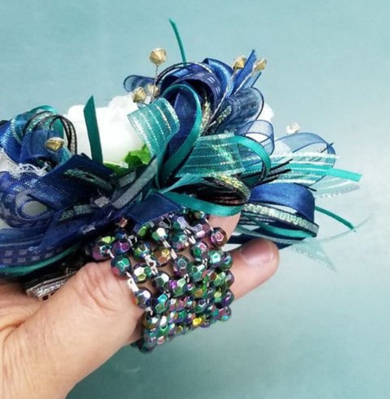 Teal and Navy and Cream Silk Flower Wrist Corsage and Etsy