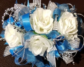 Turquoise Blue and Ivory SILK Wrist Corsage and Boutonniere Set. # Item W 244