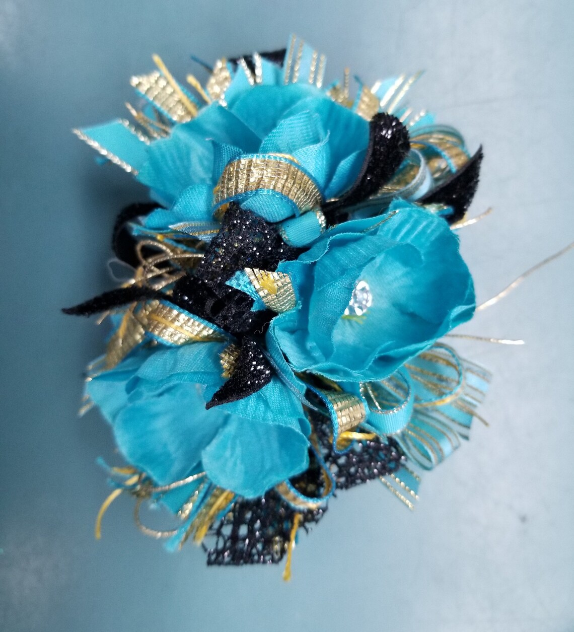 Teal Green and Gold Silk Flower and Rhinestone Wrist Corsage Etsy