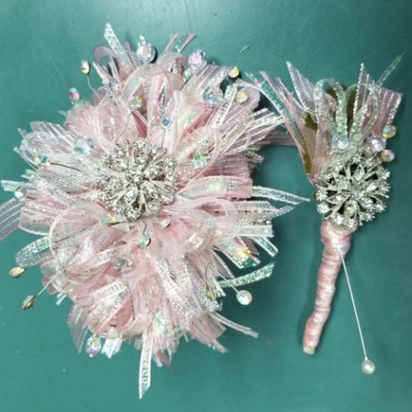 Pink Iridescent Wrist Corsage and Boutonniere Set With Brooch W047