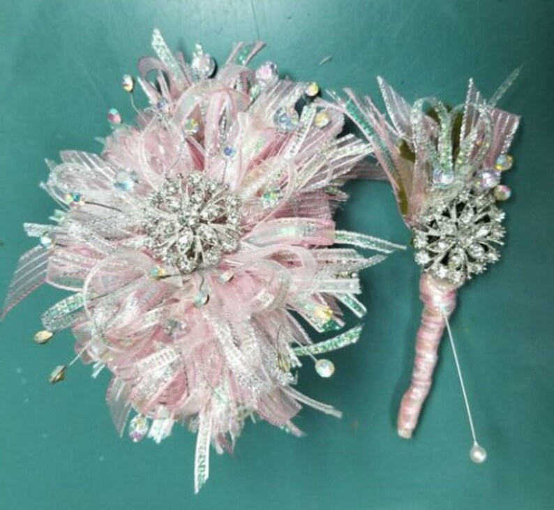 Pink Iridescent Wrist Corsage and Boutonniere Set With Brooch Etsy
