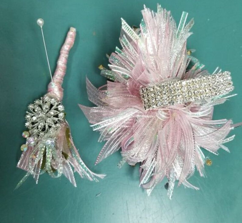 Pink Iridescent Wrist Corsage and Boutonniere Set With Brooch Etsy