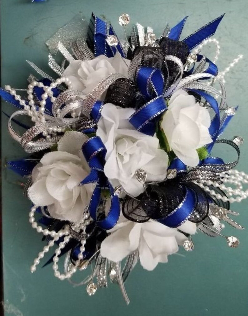 Royal blue white black silk wrist corsage and boutonniere Etsy