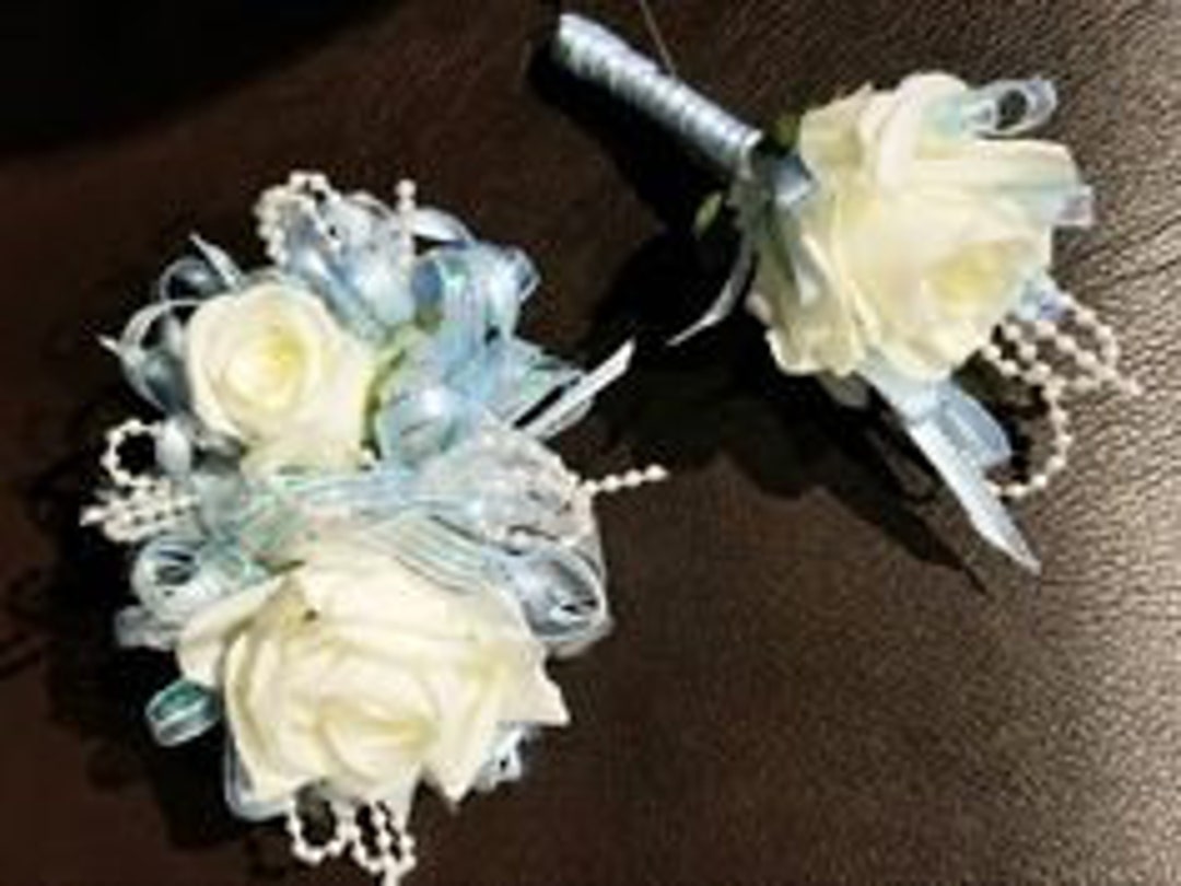 Light Blue and Ivory SILK Flower Wrist Corsage and Boutonniere Set W113