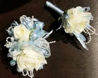 Light Blue and Ivory SILK Flower Wrist Corsage and Boutonniere Set #W113