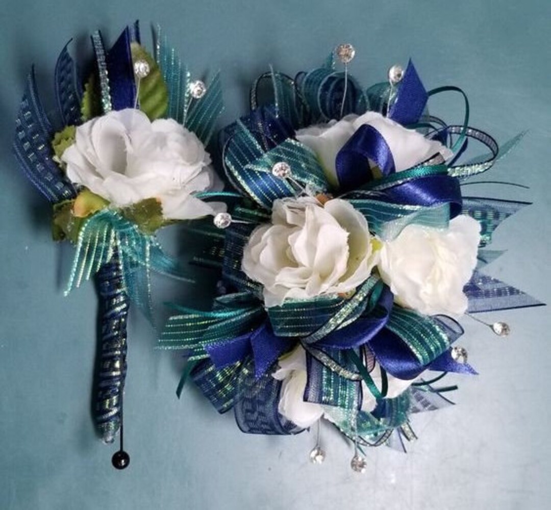 Teal and Navy and Cream Silk Flower Wrist Corsage and Etsy