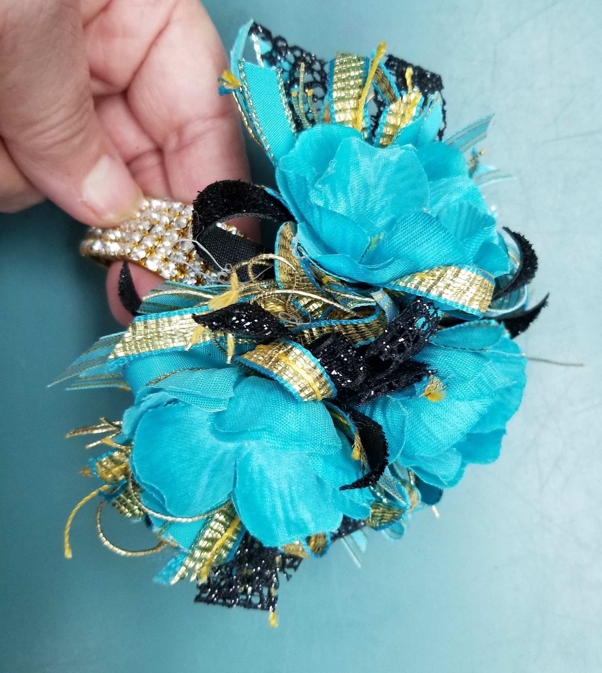Teal Green and Gold Silk Flower and Rhinestone Wrist Corsage Etsy